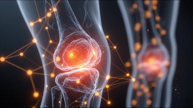 Knee Joint Inflammation: A detailed 3D render illustrates a human knee joint, highlighting areas of inflammation with glowing red hotspots, connected by a network of glowing orange nodes.