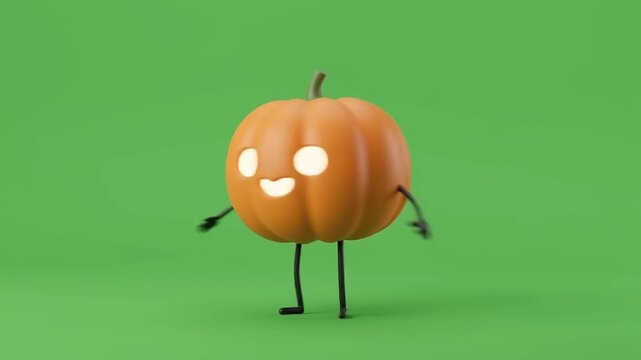 Jumping pumpkin character with glowing face. Animated jack-o-lantern character for festive media