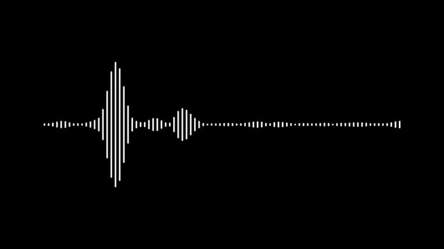 Minimalist white audio waveform visualization on solid black background, dynamic digital sound frequency pulse for music production, podcast editing, ui interface and modern multimedia projects
