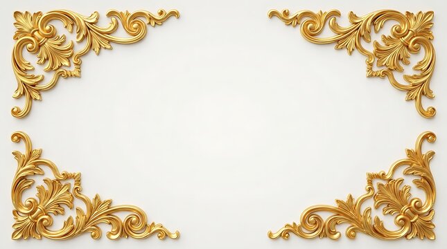 Golden baroque style ornate corner frames on white background with decorative luxurious sculptural adornment background ornament
