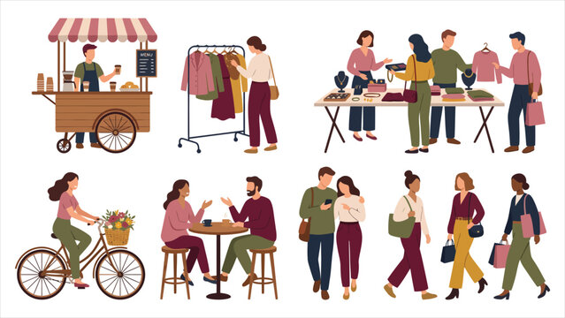 People shopping, buying coffee, riding a bicycle, and relaxing at a caf set against a white background