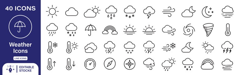 Obraz premium 40 Weather Vector Outline Icons Set – Weather Forecast, Climate, Storm, Rain, Snow, Wind and Temperature Line Symbols Collection
