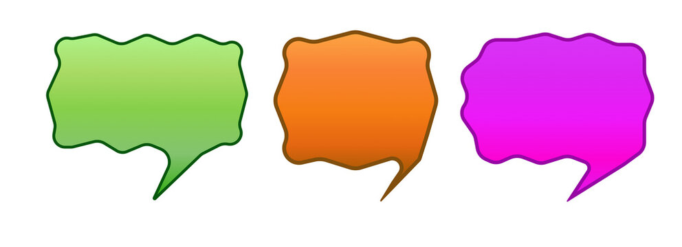 Three wavy edge speech bubbles in green, orange, and magenta on a white background, each with darker outline, gradient, and downward pointer. Empty message shapes for text.