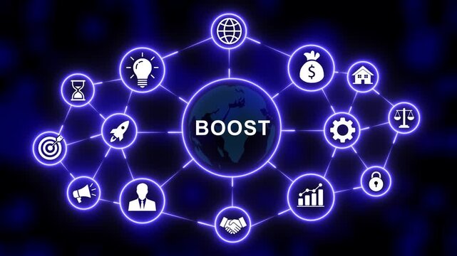 Digital business growth strategy concept featuring animated global network connections, glowing for innovation, financial success, leadership, and corporate development on a dark blue tech background