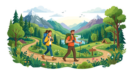Obraz premium Happy Couple Hiking on a Mountain Trail with Backpacks and Scenic Nature Background Illustration