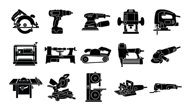 Woodworking tools vector icons with circular saw, drill and sander for mobile app design in solid glyph style