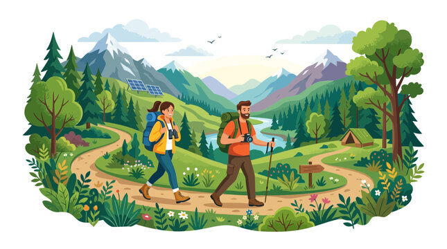 Happy Couple Hiking on a Mountain Trail with Backpacks and Scenic Nature Background Illustration