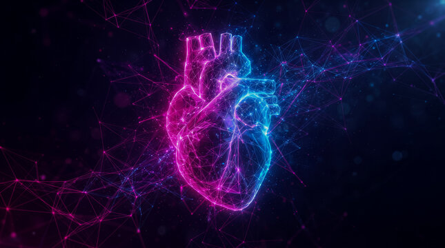 Glowing digital human heart icon made of network connection lines and dots.