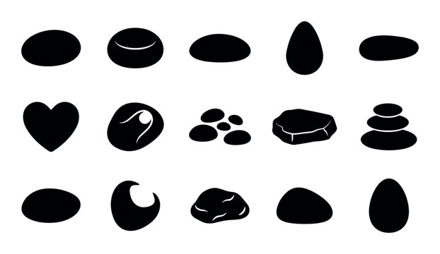 Natural stones vector icons with oval pebble, heart-shaped stone and river rock for infographic design in glyph style