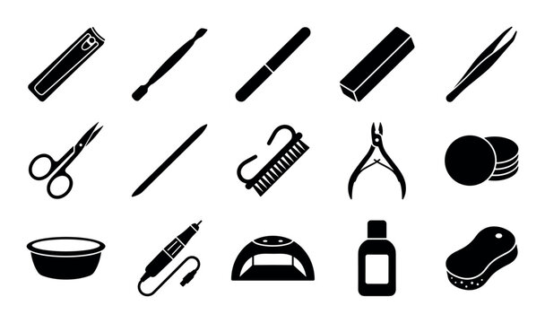 Manicure tools vector icons with nail clippers, buffer and cuticle pusher for web design in silhouette style