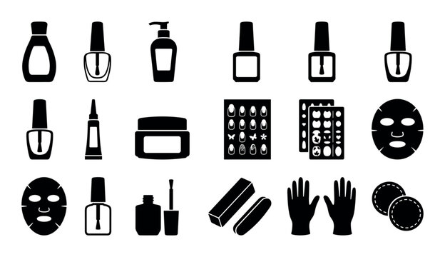 Manicure nail care vector icons with nail polish remover, cuticle oils and hand lotions for presentation design in silhouette style.
