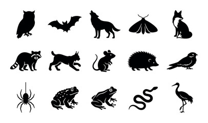 Fototapeta premium Nocturnal creatures vector icons with owl, bat and wolf howling for web design in silhouette style