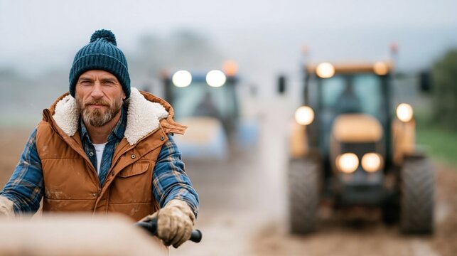 A determined farmer in a cozy jacket with a beanie rides a tractor in a foggy field, surrounded by other tractors, showcasing hard work and dedication in agriculture.