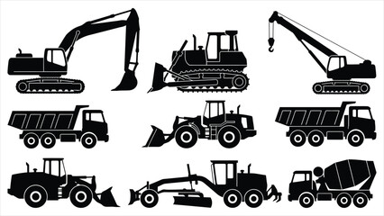 Set of silhouettes of construction machinery isolated on white background © Uttpol Saha