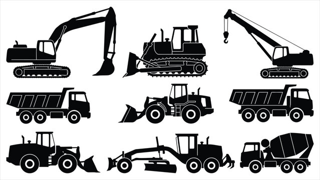 Set of silhouettes of construction machinery isolated on white background