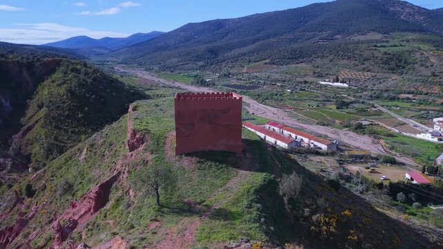 Aerial drone view of the landscape surrounding Tobed Castle and the village of Tobed in the Calatayud region, province of Zaragoza, Castile and Le&oacute;n, Spain, Europe