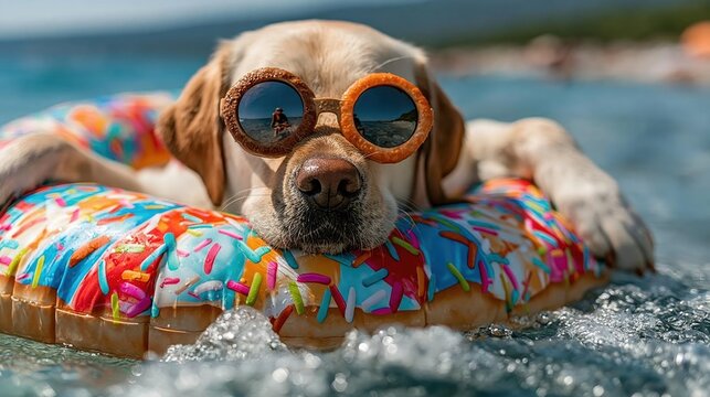 A playful golden retriever dog relaxes in a colorful float in the water, showcasing its fun-loving personality while wearing stylish sunglasses by the summer beach.