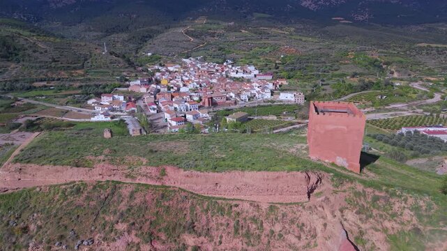 Aerial drone view of the landscape surrounding Tobed Castle and the village of Tobed in the Calatayud region, province of Zaragoza, Castile and Le&oacute;n, Spain, Europe