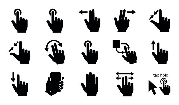Touch screen gesture vector icons with finger tap, swipe left and pinch zoom for mobile app design in silhouette style