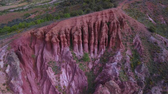Aerial drone view of the landscape surrounding Tobed Castle and the village of Tobed in the Calatayud region, province of Zaragoza, Castile and Le&oacute;n, Spain, Europe
