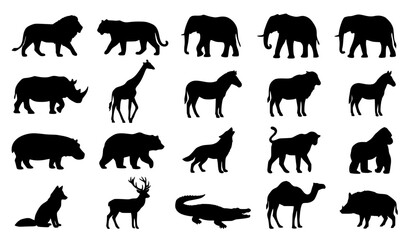Obraz premium Black wild animal silhouette collection with safari wildlife vector icons