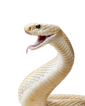 Albino cobra with open mouth and visible fangs isolated on transparent background