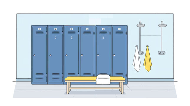 Locker room interior with blue lockers and bench