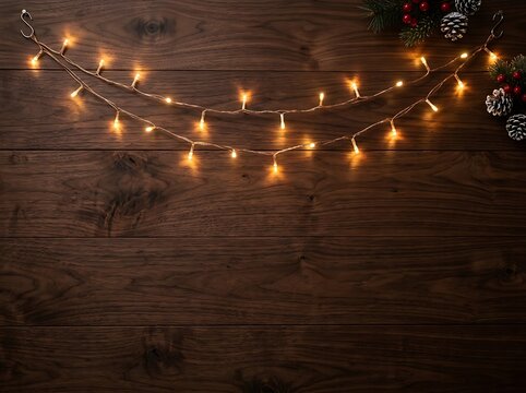 Warm string lights wrapped around wooden surface with holiday decorations