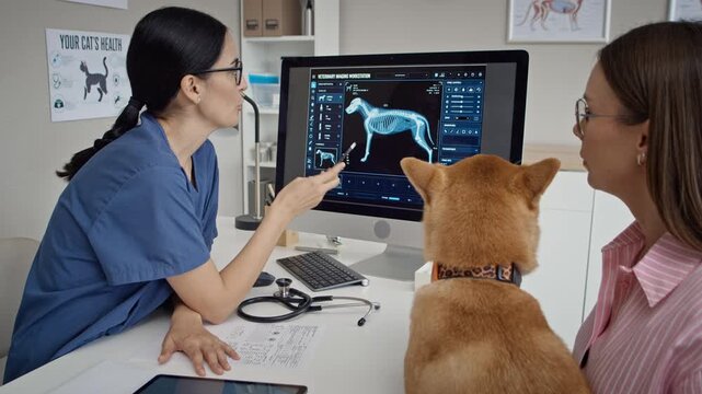 Caucasian female veterinarian showing digital dog X-ray scan on computer screen to pet owner holding dog. Video suits veterinary healthcare promotions and pet clinic advertising