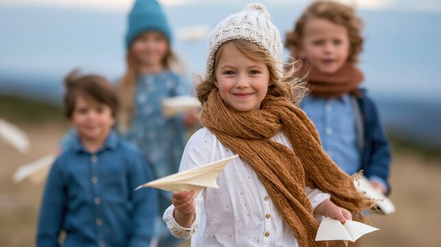 Children are joyfully playing outdoors, flying paper airplanes and enjoying each other's company, embodying the innocence and happiness of childhood in a beautiful setting.