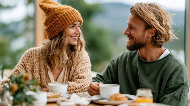 A happy couple sharing a warm moment over coffee in a cozy caf&eacute;, exuding love and connection amid a beautiful and inviting atmosphere that creates lovely memories.