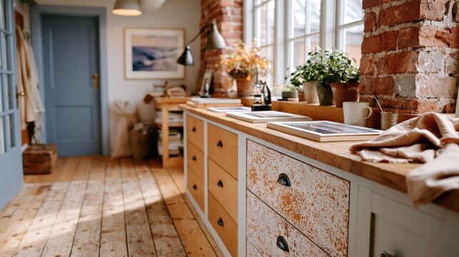 This inviting kitchen interior showcases warm wooden accents, brick walls, and natural light that create a rustic yet modern ambiance ideal for a cozy gathering.