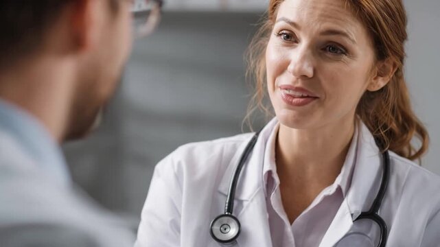Doctor Consultation: A compassionate female doctor in a white coat with a stethoscope listens attentively to a patient, fostering trust and open communication in a medical setting.