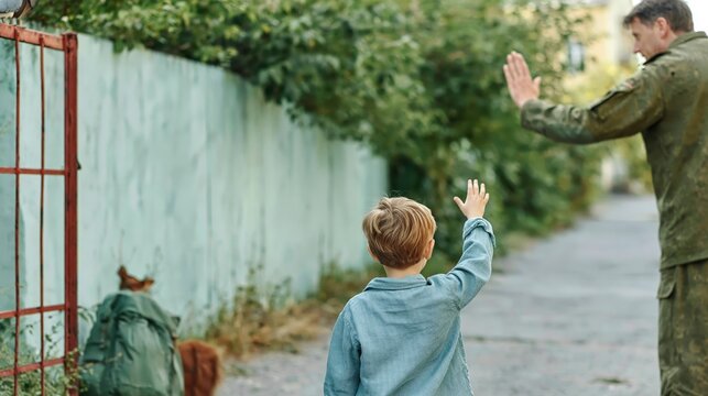 This heartfelt image captures a child waving goodbye to a family member, illustrating feelings of love, separation, and longing in a tender farewell moment.
