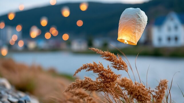 A beautifully lit lantern floating gracefully over a tranquil grassland at dusk, symbolizing hope and dreams in this enchanting evening atmosphere.