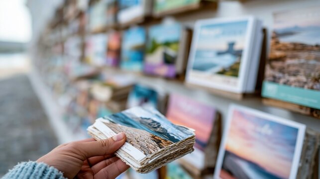 A close-up of a hand selecting colorful postcards at an artistic display, encapsulating the joy of travel and connection to memories and experiences in vibrant surroundings.