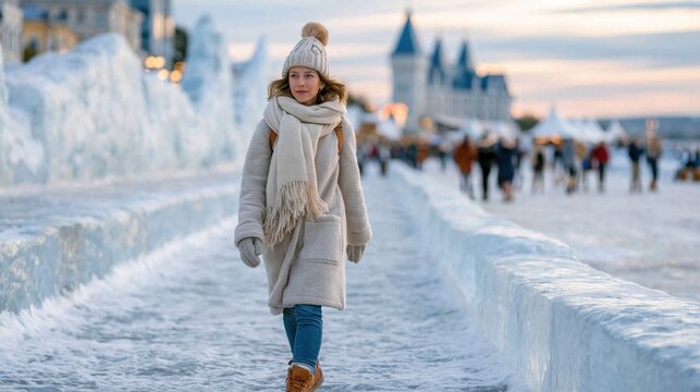 A woman walking through an enchanting icy landscape, wearing warm clothing, surrounded by snow-covered structures and a softly lit sunset in the background.