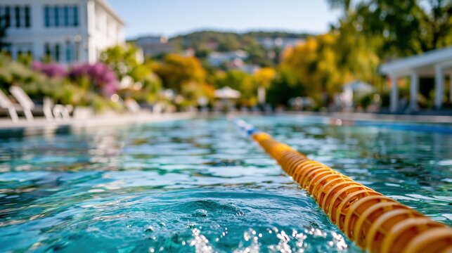 A stunning blue swimming pool under the sunny sky, surrounded by vibrant greenery and relaxation areas, inviting people to unwind and enjoy the refreshing summer atmosphere.