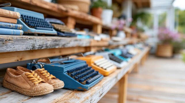 An artistic arrangement of vintage typewriters alongside retro shoes showcases a unique aesthetic, blending nostalgia with modern trends in an enchanting outdoor setting.