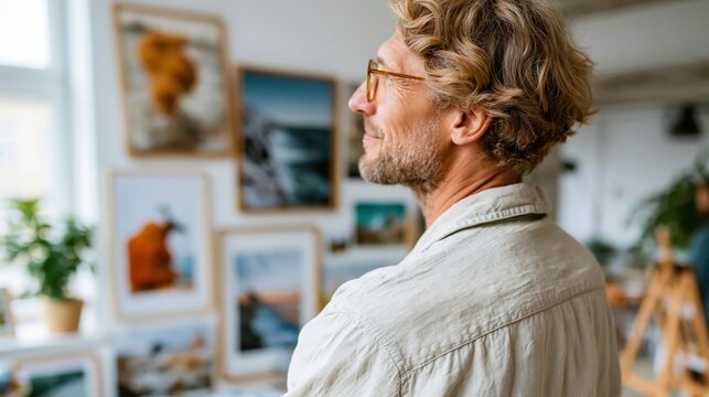 A thoughtful man enjoys the beauty of artwork displayed in a charming and cozy gallery, capturing the essence of creativity and passion for art in a warm atmosphere.