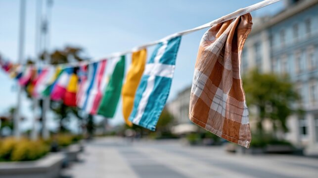 A vibrant display of colorful flags hangs across a sunny street, symbolizing unity, celebration, and cultural diversity in an open urban space.