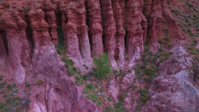Aerial drone view of the landscape surrounding Tobed Castle and the village of Tobed in the Calatayud region, province of Zaragoza, Castile and Le&oacute;n, Spain, Europe