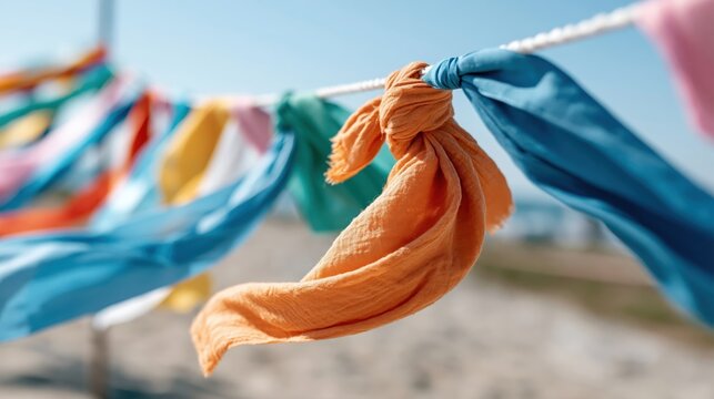 A vibrant detail of colorful scarves playfully arranged on a clothesline against a clear blue sky, celebrating the joy of summer and freedom in a relaxed outdoor setting.