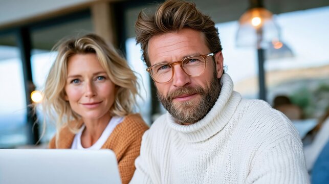 A fashionable couple working closely together in a coffee shop, displaying focus and engagement while sharing their ideas amidst a beautifully designed interior.