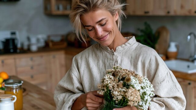 A lovely woman in a light-toned outfit cradles a bouquet of delicate dried flowers, exuding warmth and appreciation for nature's beauty in a cozy kitchen setting.