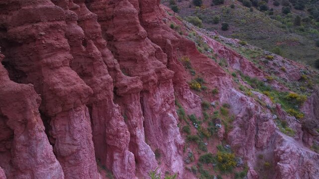 Aerial drone view of the landscape surrounding Tobed Castle and the village of Tobed in the Calatayud region, province of Zaragoza, Castile and Le&oacute;n, Spain, Europe