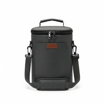 Gray backpack with shoulder straps standing upright