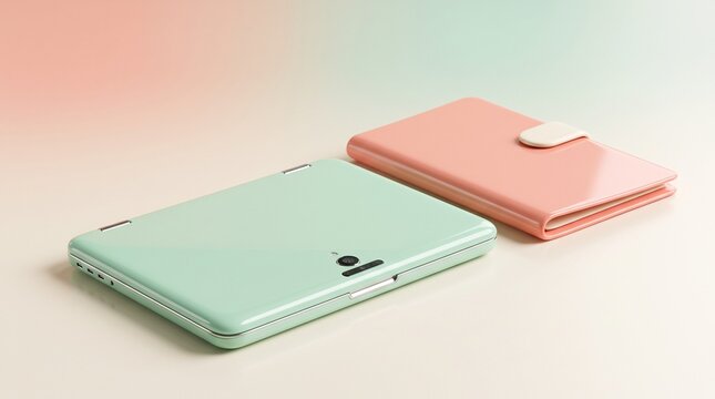 Pastel-colored laptop and portfolio folder set for creative workspace organization