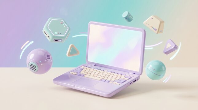 Pastel purple laptop surrounded by floating digital icons representing creative work and productivity tools