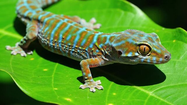 Detailed Close Up of a Colorful Tokay Gecko with Blue and Orange Spots Sitting on a Vibrant Green Tropical Leaf